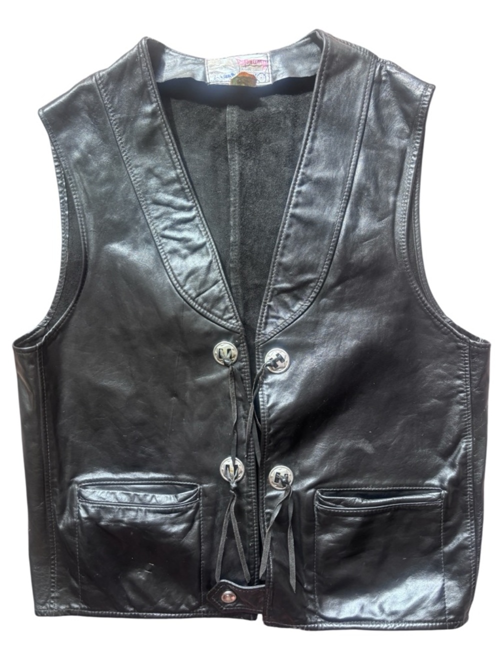 Vintage Forum Calgary Black Leather Western Vest Size 38 Cowboy Biker Boho